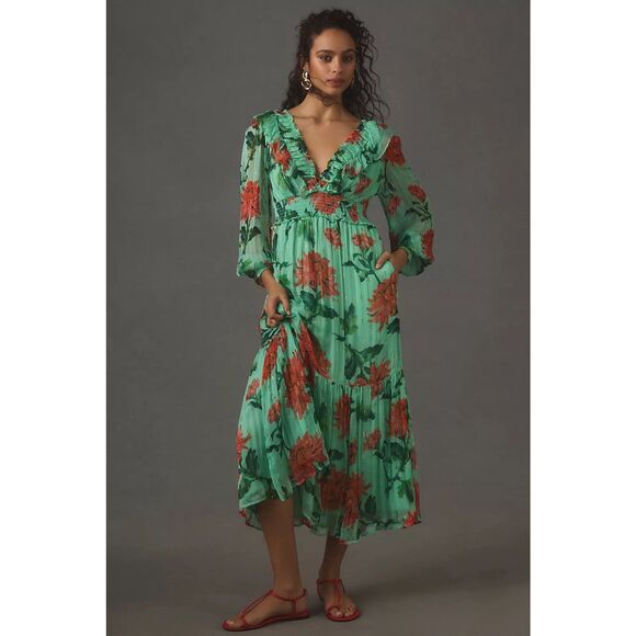 New Anthropologie The Odetta Ruffled V-Neck Dress Sz 1X - Picture 1 of 9